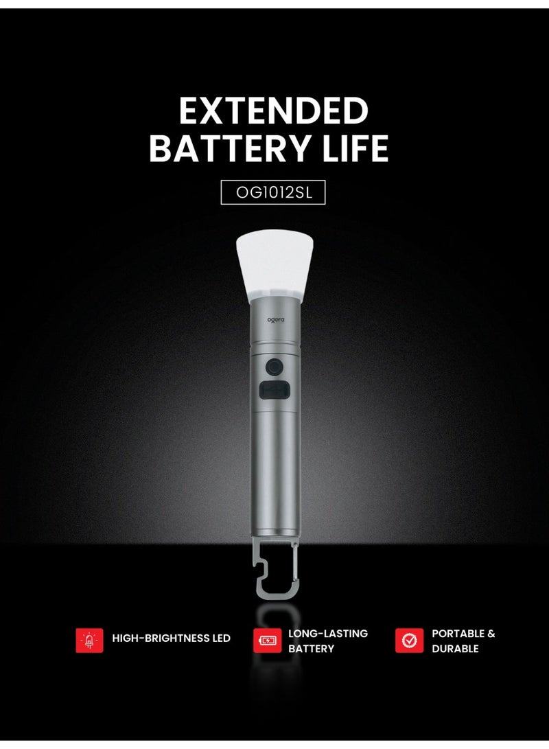 أوجيرا كشاف LED قابل لإعادة الشحن | كشاف تكتيكي فائق السطوع | صغير ومحمول | بطارية 2SC طويلة العمر | مقاوم للماء | كشاف للطوارئ والاستخدام الخارجي | ضمان سنتين | OG1012SL | فضي - Image 1